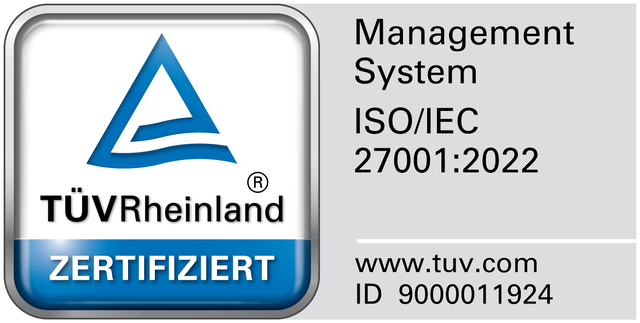 TÜV Rheinland zertifiziert: Management System ISO/IEC 27001:2022, ID 9000011924